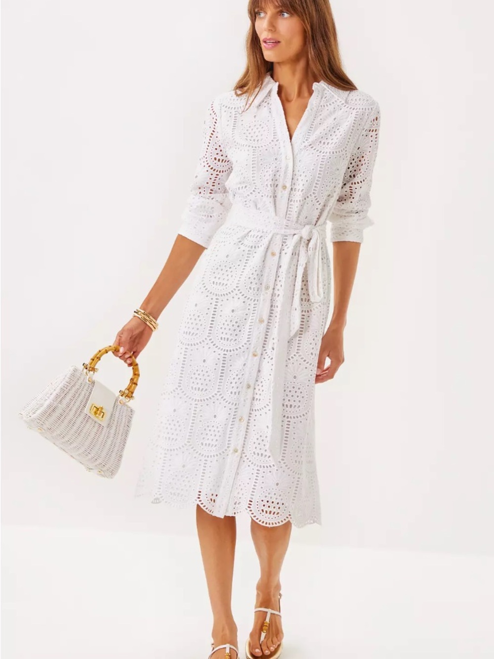 BNWT $298 size 6 Lilly Pulitzer Eira Eyelet Long Sleeve Belted Midi Shirtdress